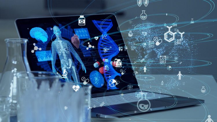 Computer screen displaying DNA strand, human body and organs and various tablets - idea of technology for medicine screening