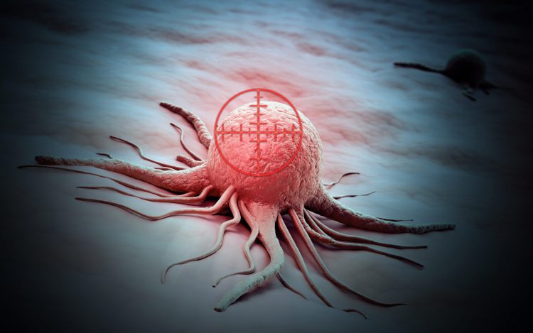 cancerous cell with crosshares over it - idea of targetted cancer therapy