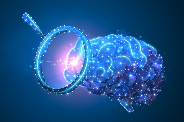 magnifying glass aimed at a human brain, both outlined and glowing in light blue, on a darker blue background