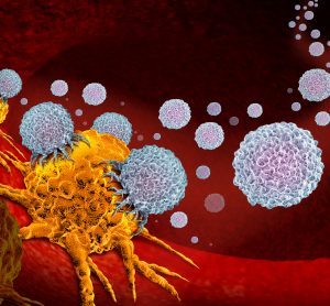 cancer cell in yellow being attacked by white blobs - cancer drug/cell therapy