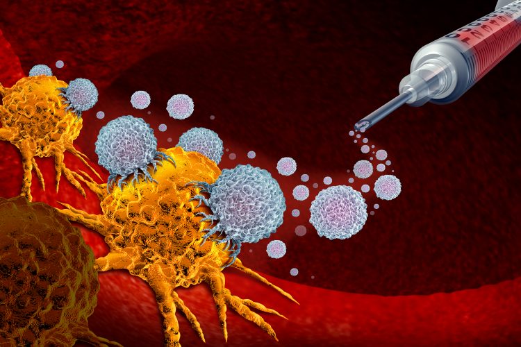 cartoon of a syringe with white blobs coming out of it to attack yellow cancerous cells in tissue - idea of a cancer vaccine
