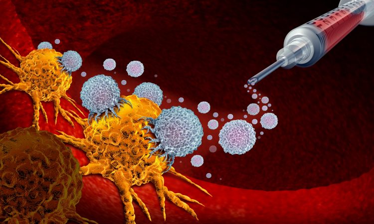 cartoon of a syringe with white blobs coming out of it to attack yellow cancerous cells in tissue - idea of a cancer vaccine