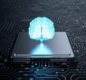 blue glowing brain hovering above a computer chip