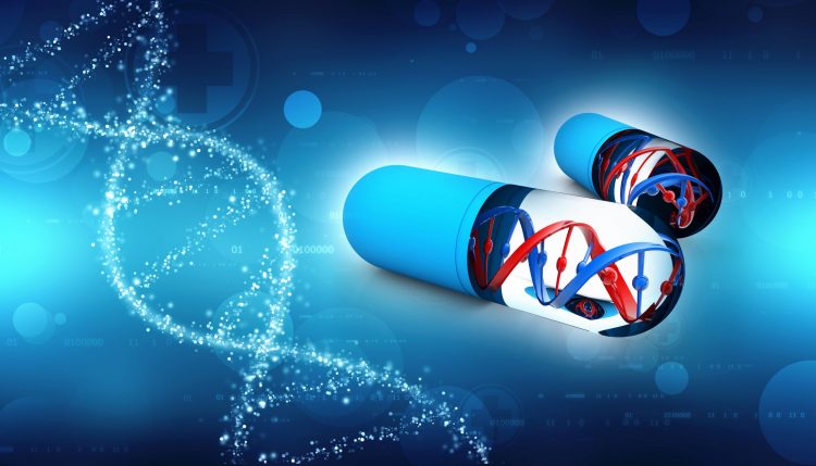 strands of DNA contained withing blue and white capsules, on a dark blue background