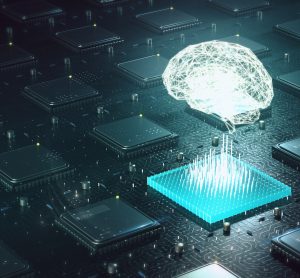 luminous brain hovering above computer motherboard