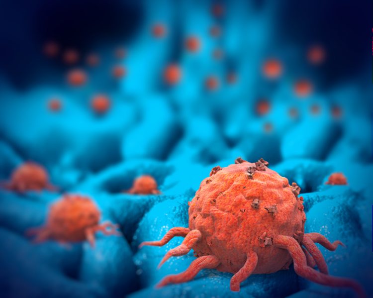Orange cancer cells on blue background