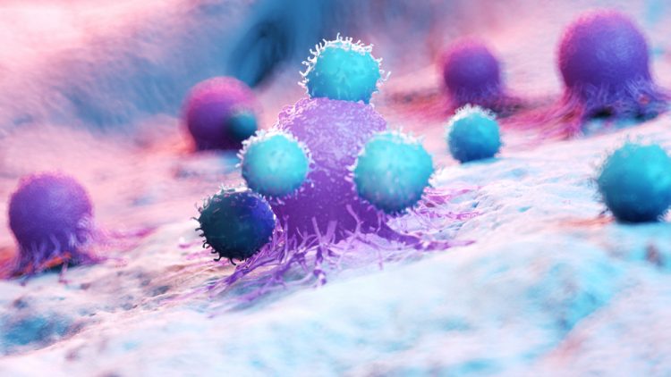 Immune cells attacking cancer tumour