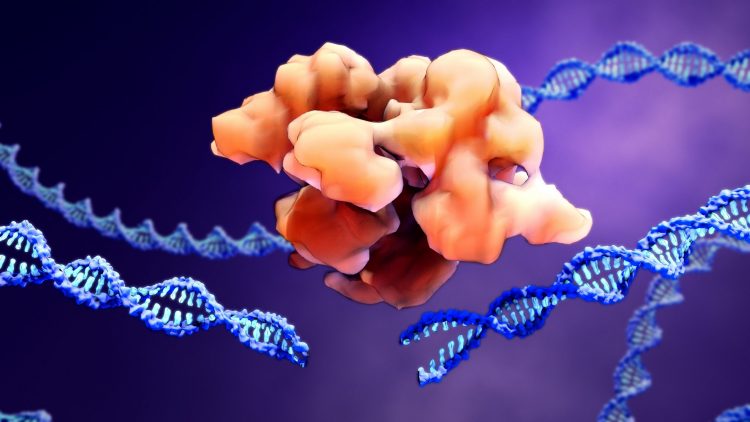 CRISPR Cas9 protein and DNA molecules, 3D gene therapy rendering